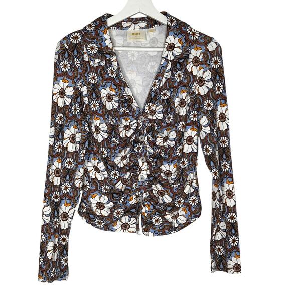 Maeve by Anthropologie Floral Ruched Button-Up Shirt Blue/Brown/White Women's M - Picture 3 of 11